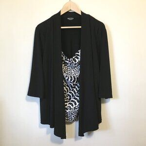 Mandee Black Open Waterfall Cardigan With Bow Tie Bust Animal Print Shirt 2in1